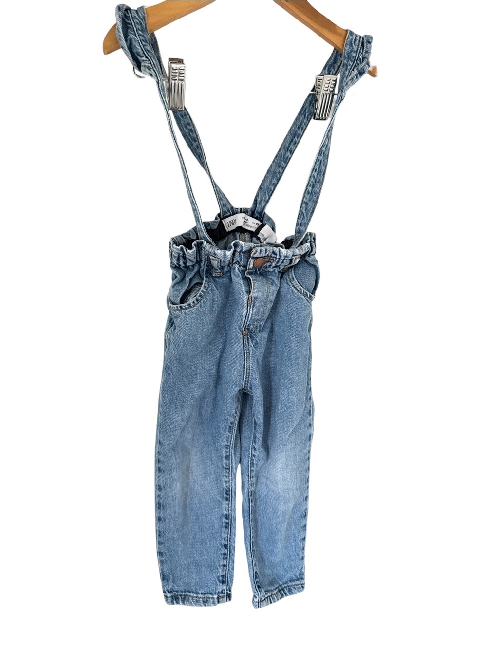 Zara Light Blue Denim Paperbag Waist Overalls 2/3 Years